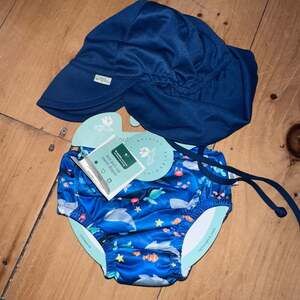 Green Sprouts Navy Undersea Friends Reusable Swim Diaper 18M Flap Sun Hat 2T-4T